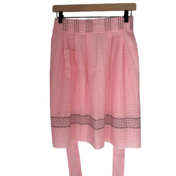 Vintage Hand Crafted Cross Stitched Pink Gingham Check Cotton Apron - Picture 1 of 6